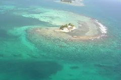 Carrie Bow Cay field station sits in the blue and turquoise waters of Belize.
